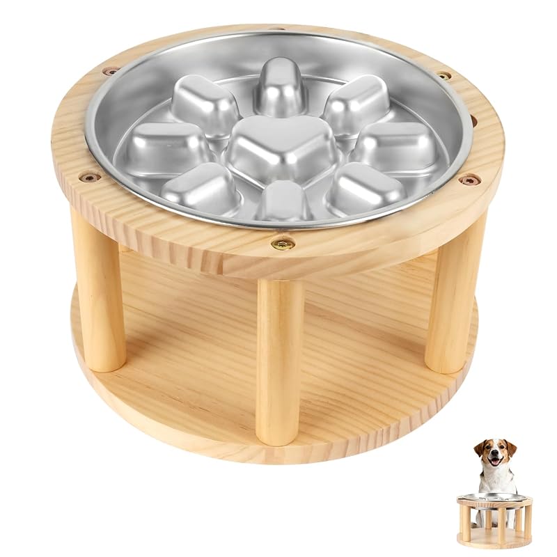 Comedouro elevado para cães com suporte de pinho e tigela inox slow feeder Vivifying – 2 xícaras