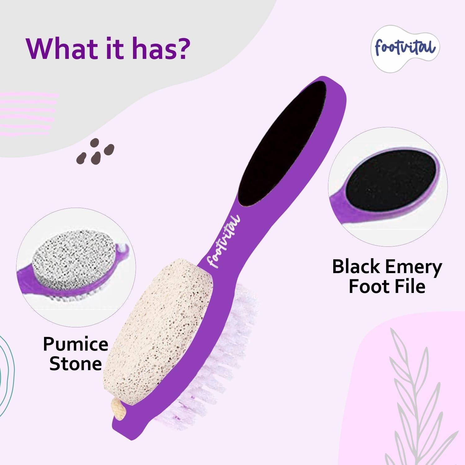 Footvital 4 in 1 Pedicure Tool for Rough & Dry Feet Dual-Sided with Pumice Stone Soft Brush Steel Scrubber & Emery File Softens Hard Foot Corns & Calluses (Multicolor (Pack of 2) 1