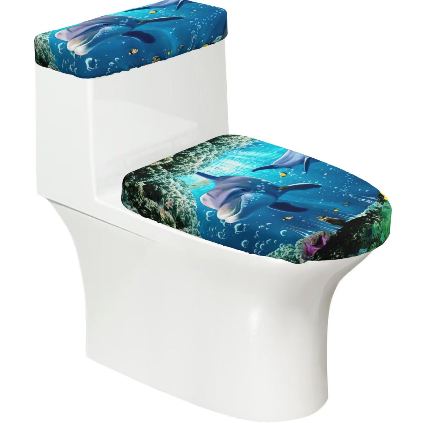 Ocean Underwater Dolphin Fish Print 2-Piece Stretch Toilet Cover Set, Elastic Breathable Toilet Seat and Tank Lid Protector