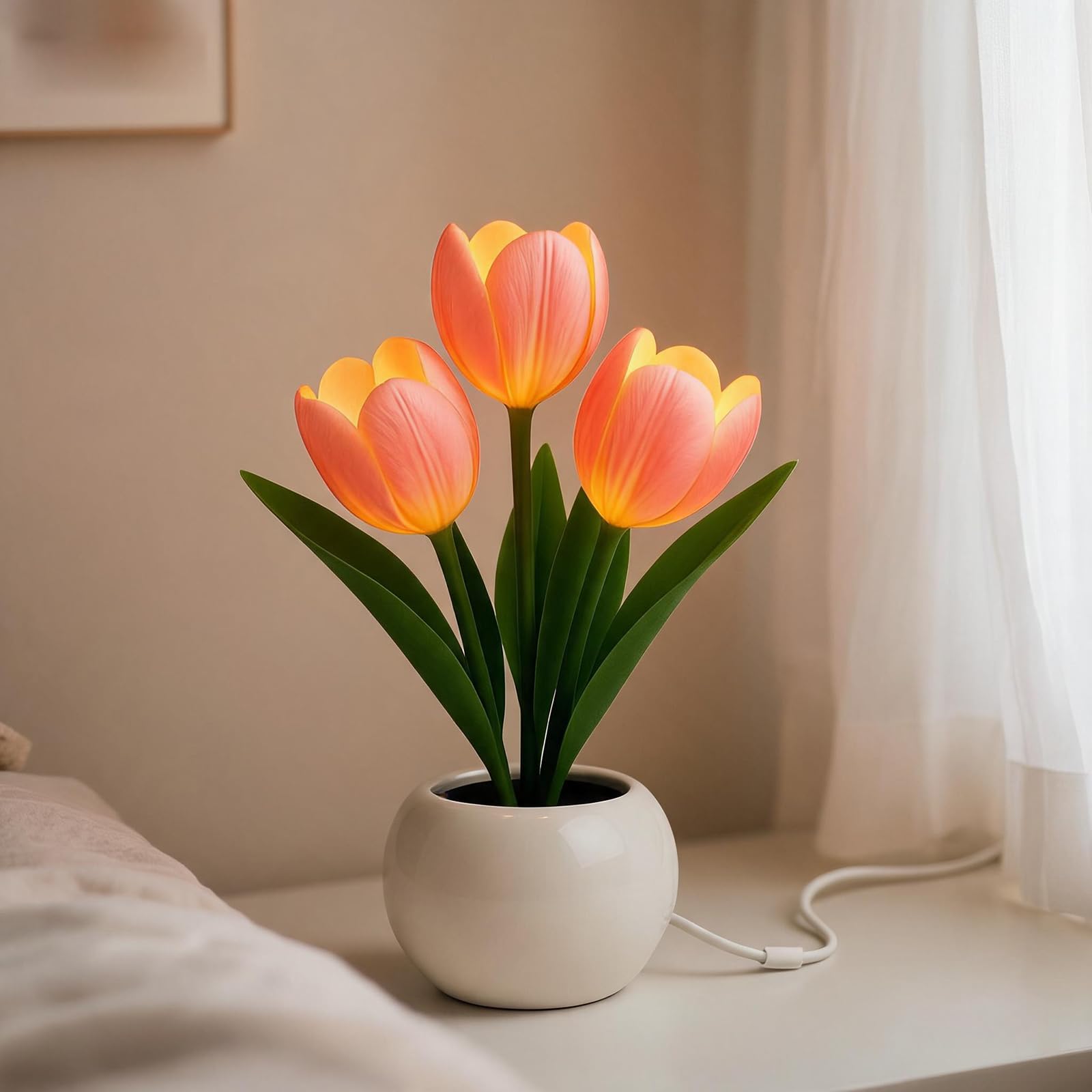 Livoravoli Tulips Lamps, Artificial Pink Tulip Night Light, Flower Lamp with White Ceramic Pot, Soft Pink Glow, Decorative Flower Lights for Home, Bedroom, Living Room, Desk, Gifts for Women