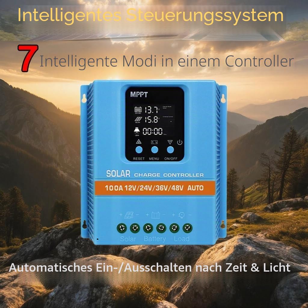 Solarregler 100 A MPPT/PWM Hybrid | Auto-Erkennung 12 V/24 V/36 V/48 V | LCD-Display & Dual USB | für Lithium-Batterien (LiFePO4) & Blei | Ideal für Wohnmobile, Haus und Garten