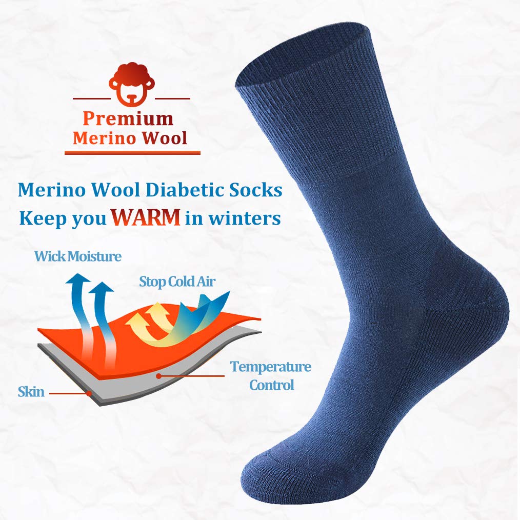 Forcool Calcetines para diabéticos de lana merina, sin ataduras, sueltos, acolchados, para hombres y mujeres, M/L/XL, 3 pares