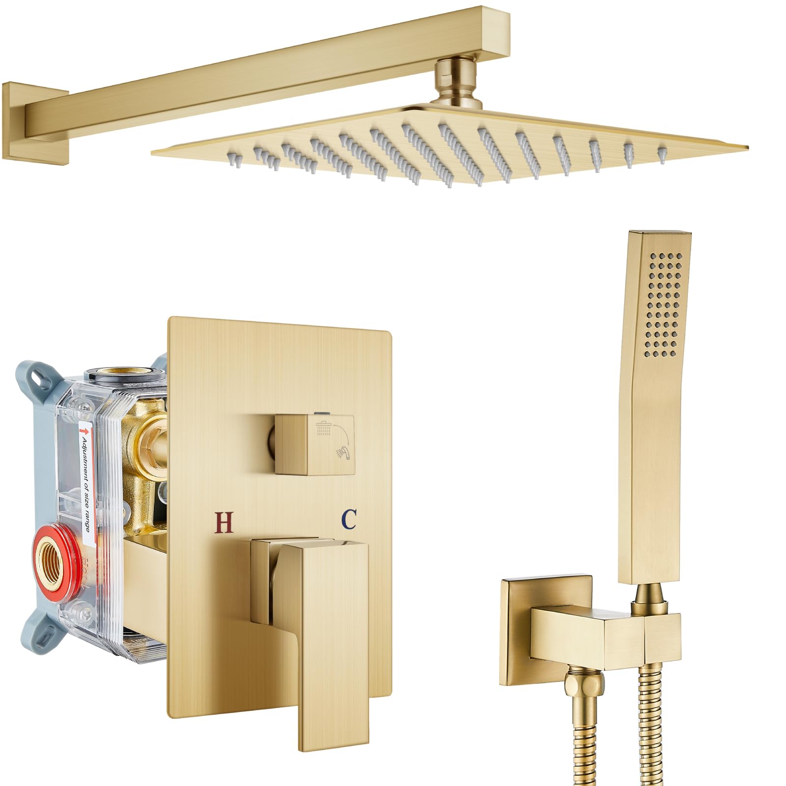 gotonovo Rainfall Bathroom Shower System Rain Shower Head and Handle Set Wall Mounted Shower Complete Combo Solid Brass Pressure Balancing Shower Mixer Valve 10 Inch Brushed Gold
