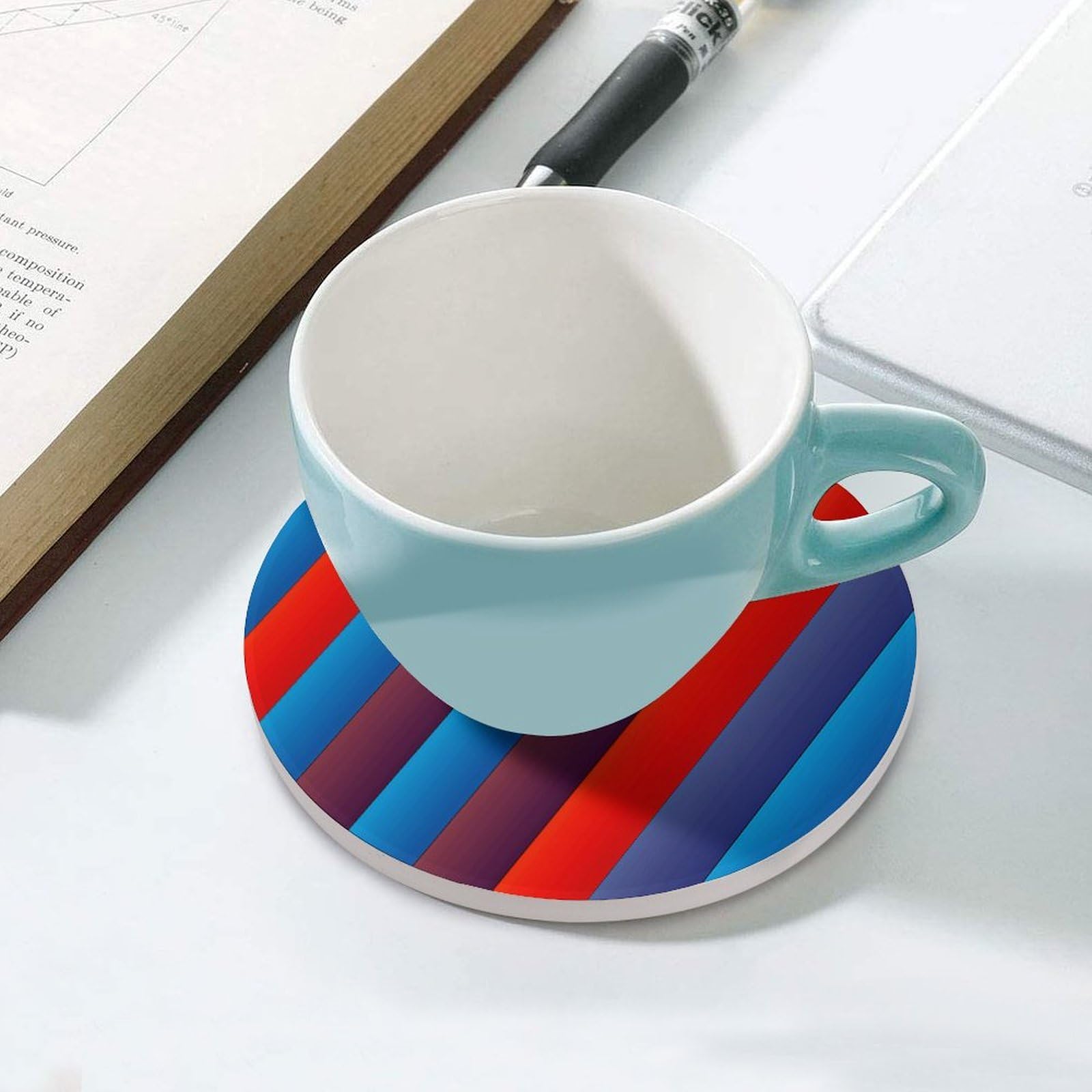 Sottobicchieri verticali rossi e blu con supporto per tavolino da caffè, sottobicchiere in ceramica con base in sughero, sottobicchiere in pietra in ceramica per bevande fredde o calde, 10 cm
