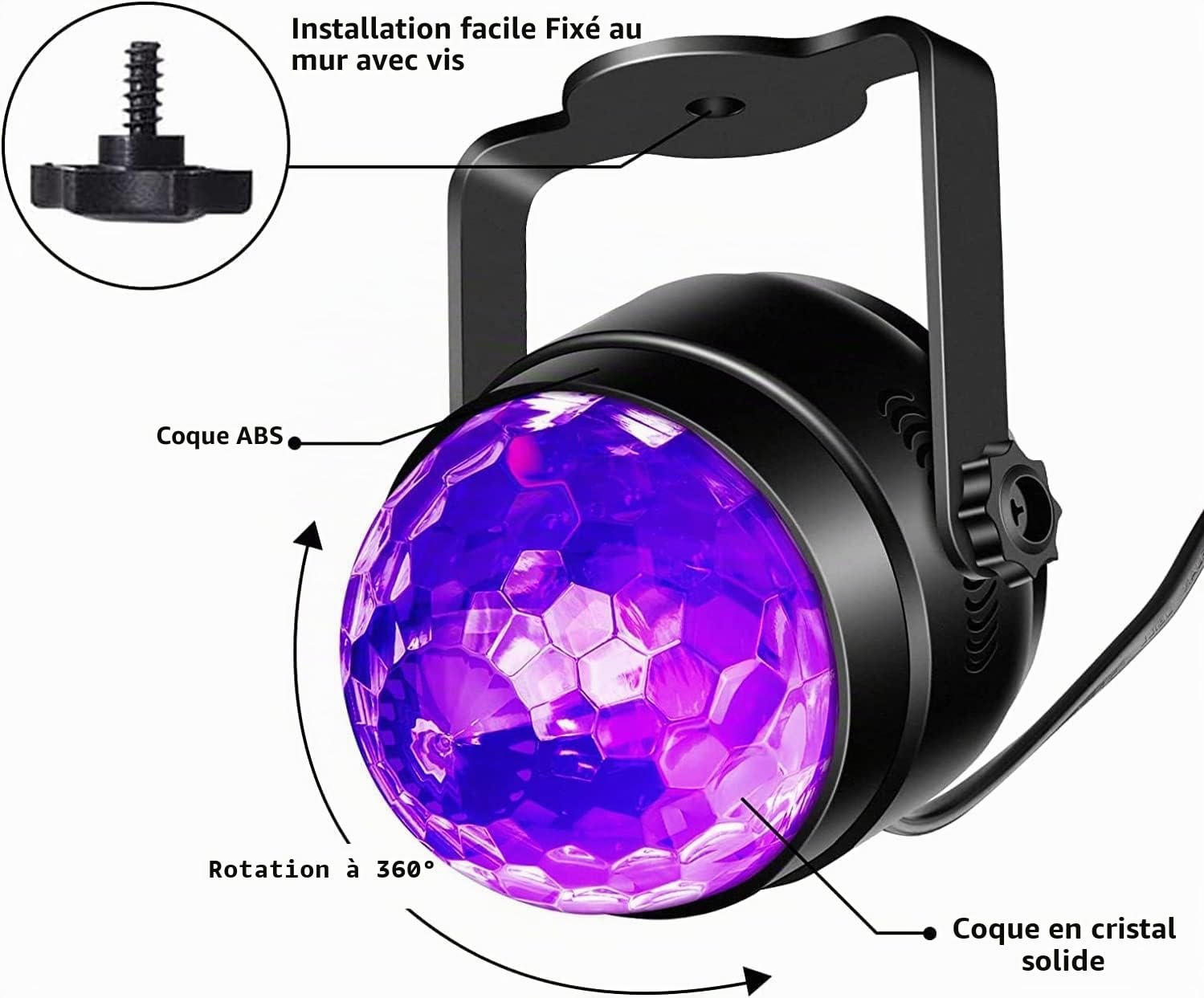 Boule disco à lumière noire UV, LUNSY 6W LED Lumières de scène activée par la musique 7 modes d'éclairage Effets d'éclairage avec télécommande pour Halloween Décoration DJ Party