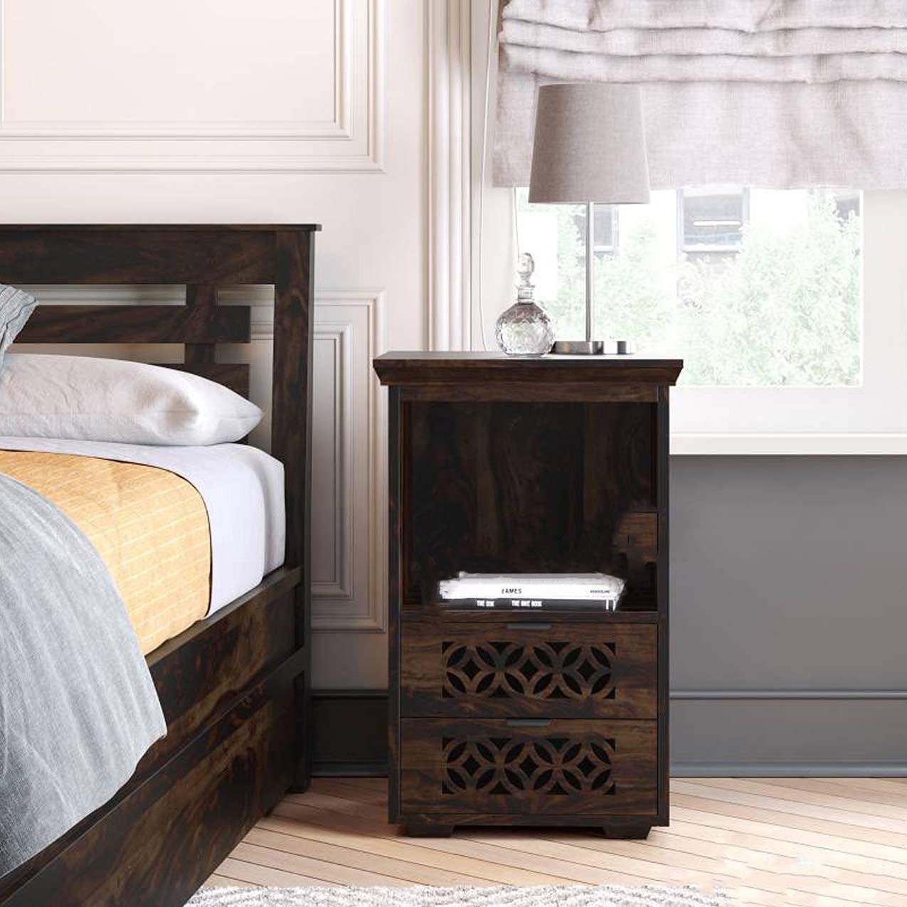 WiproWood Sheesham Wood Bed Side Nightstand Lamp Table with 2 Drawer and 1 Open Shelf Storage for Bedroom Home (Walnut Finish)-image-15