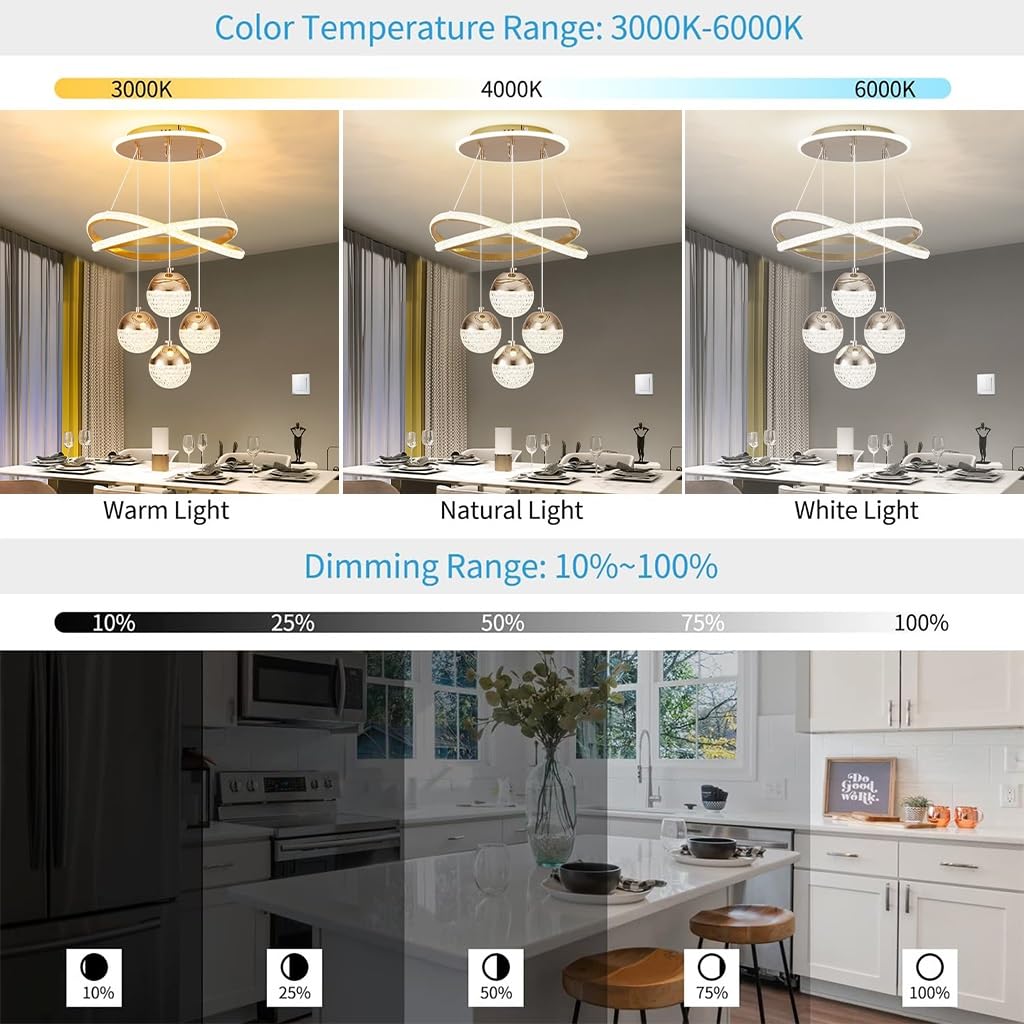 Lampadario Moderno a LED dimmerabile Color Oro per Sala da Pranzo, Isola Cucina e Soggiorno. Apparecchio di Illuminazione per la casa con Altezza Regolabile.