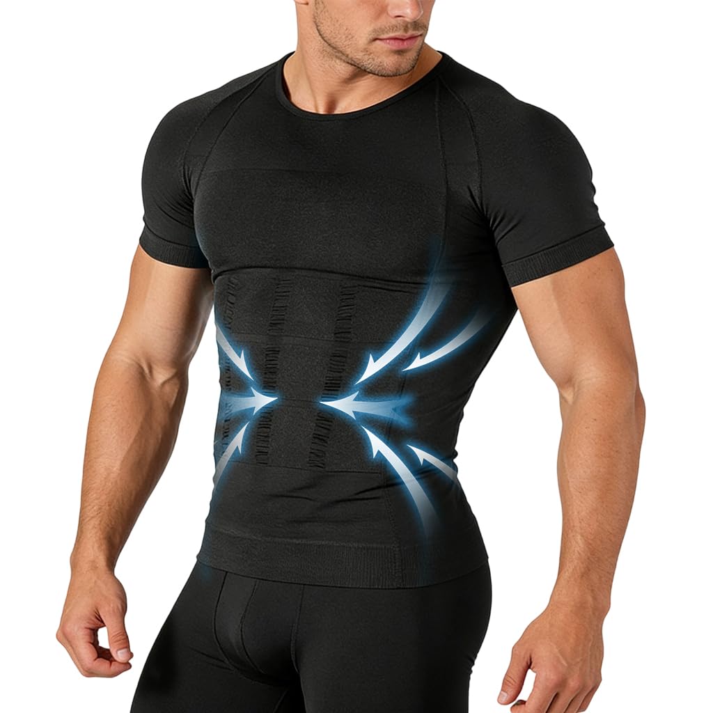 Short Sleeve Compression Shirt Men Shapewear Slimming Undershirt Body Shaper Tank Top Workout Shirts Black-image-10