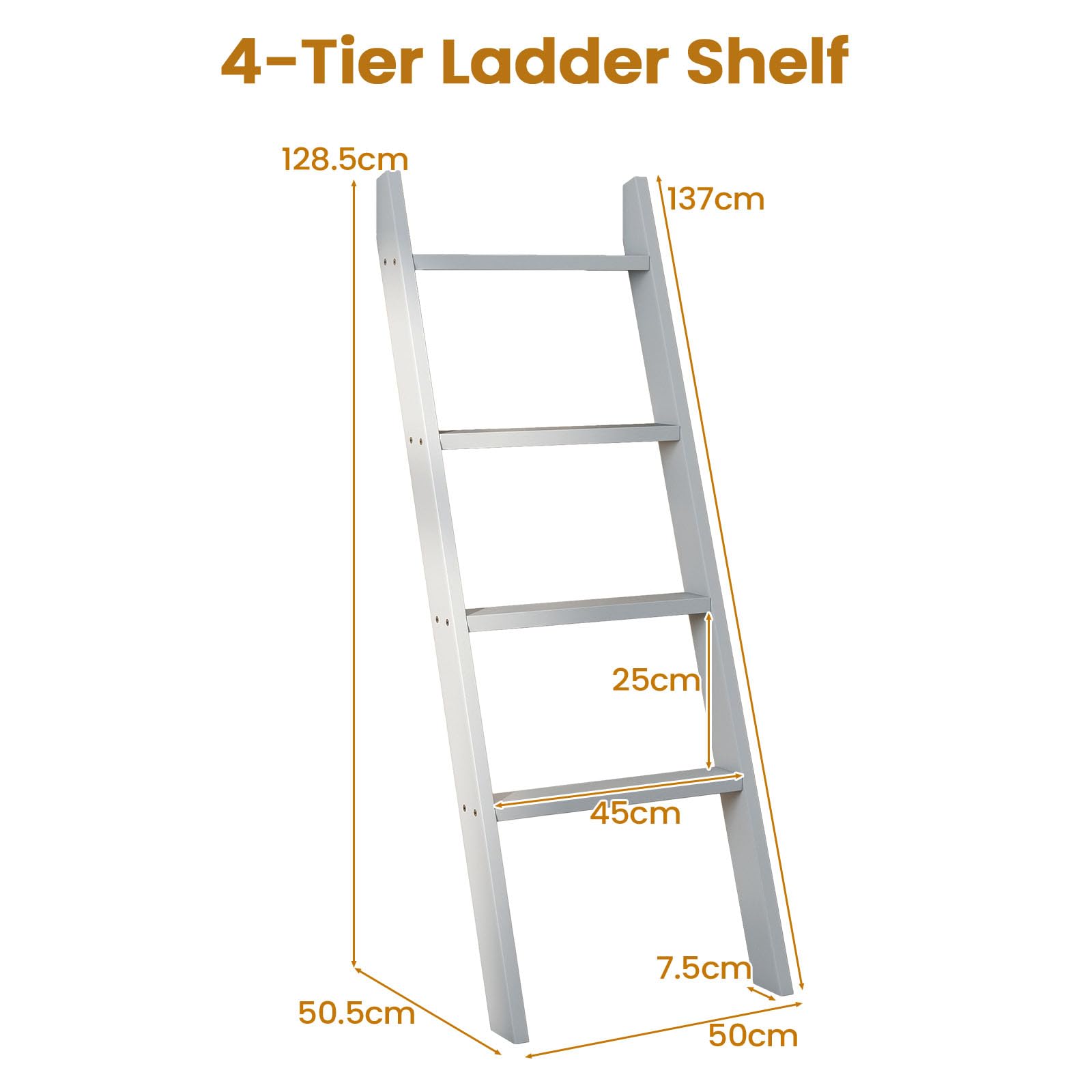LIFEZEAL Scaffale per Coperta, Portasciugamani da Terra, Porta Salviette, Sciarpe, Tappeti, Vestiti, Scala a 4 Ripiani da Appoggiare, per Bagno, Cucina, in Legno di Pino, Max 80kg, 50x8x137cm (grigio)