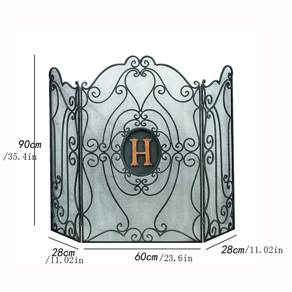 Parascintille per Camino in Ferro, parascintille a 3 Pannelli, parascintille per Camino HXW 60 X 90 cm, Nero, Copertura Dorata