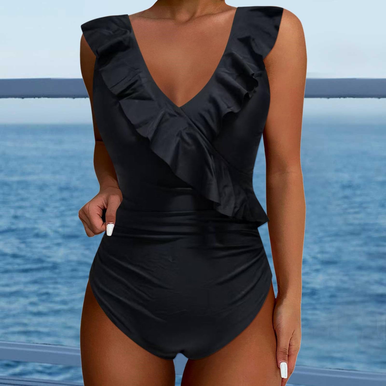 Damski strój kąpielowy z dekoltem w serek, letnia moda ramiączka talia, Hollow One, gładkie seksowne bikini, czarny, M