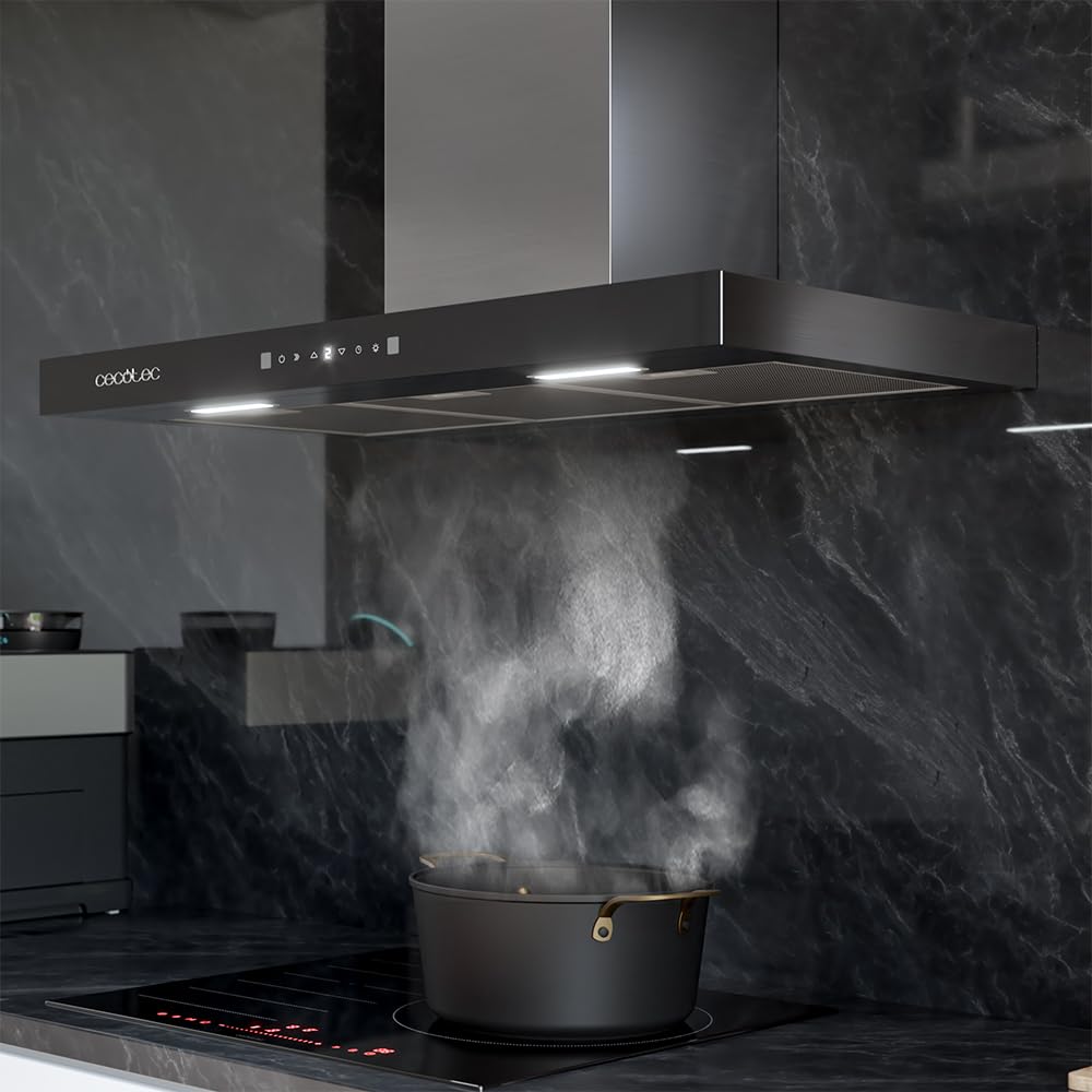 Cecotec Cappa Aspirante 90 cm Flux TT 905500 Glass Black A++. 70W, Finitura Frontale In Vetro Nero, Basso Consumo Energetico, Aspirazione 550M3/H, Touch Control, 3 Livelli, Luce Led, Filtro Carbone