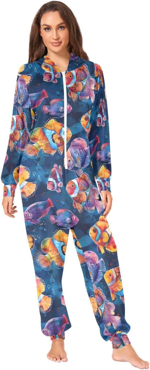 ZZKKO Exotic Tropical Fish Adult Onesie Pajamas for Women Men Cozy One Piece Pajamas Costume Zip-Up Hooded S-XL