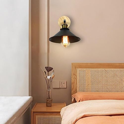 Miniatura 4 de Juego de 2 apliques de pared Vintage Negros, con Base de Madera de 1 luz, interruptor de cadena y diseño cónico. Ideal para mesilla de Noche, sala