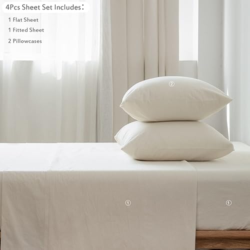 Miniatura 2 de MooMee Juego de sábanas 100% algodón lavado con textura parecida al lino, transpirable, duradero, suave y cómodo (blanco crema, individual XL)