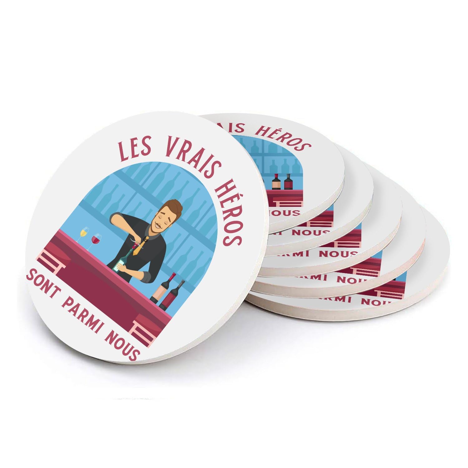 Sous verre ronds en céramique Les Vrais Héros - Lot de 6 dessous de verre 108x108 mm pour barman