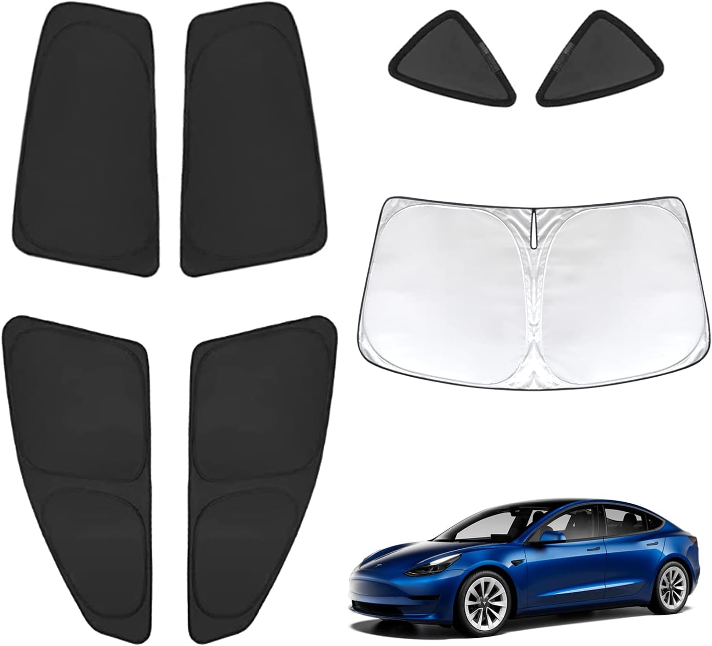 Custom Fit for Windshield Sunshades 2019-2023 Tesla Model 3 Updated Window Sunshade Kit with Side Sunshades & Triangular Window Sun Shade Screen Foldable Blocks UV Rays Keeps Your Vehicle Cool (7PCS)