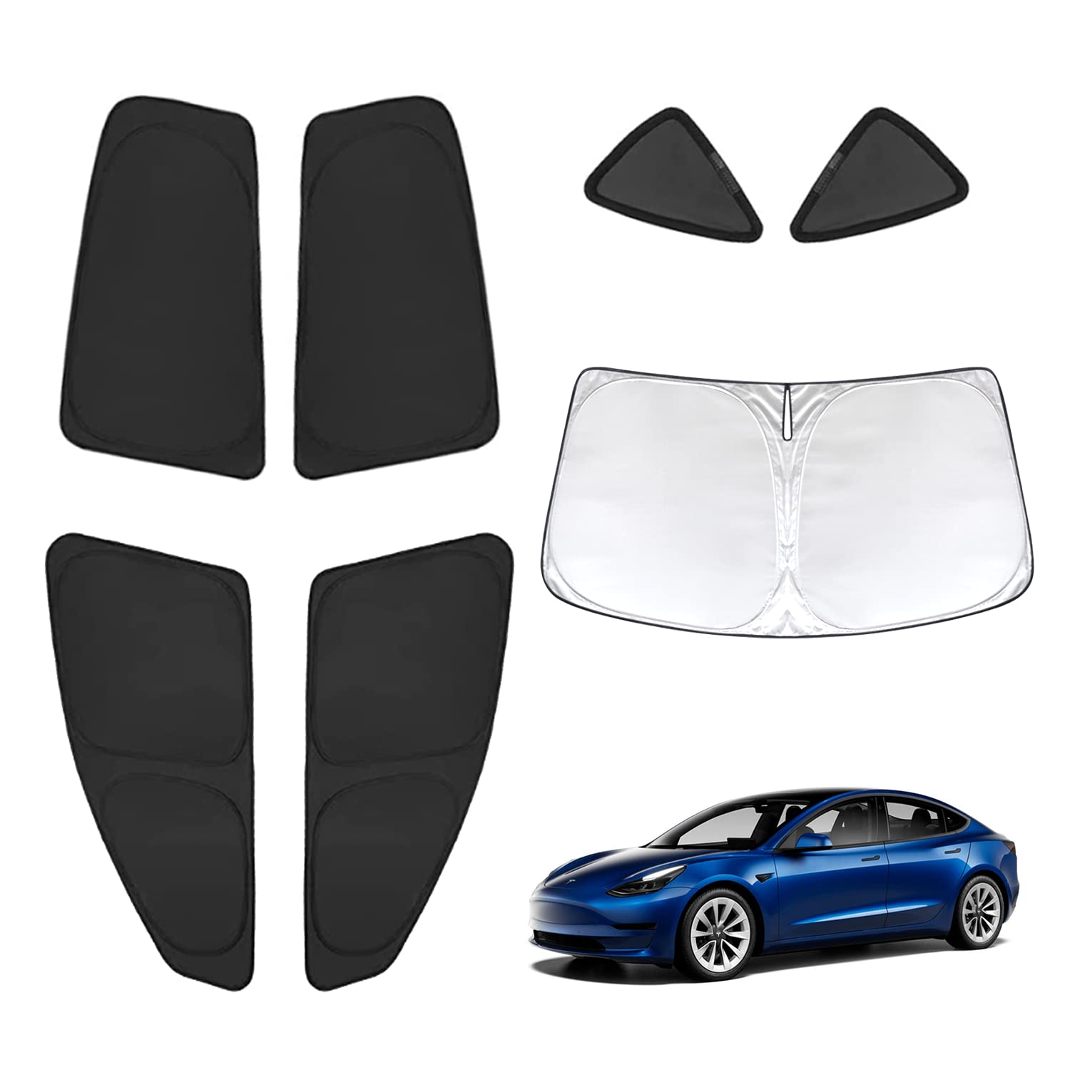 Custom Fit for Windshield Sunshades 2019-2023 Tesla Model 3 Updated Window Sunshade Kit with Side Sunshades & Triangular Window Sun Shade Screen Foldable Blocks UV Rays Keeps Your Vehicle Cool (7PCS)