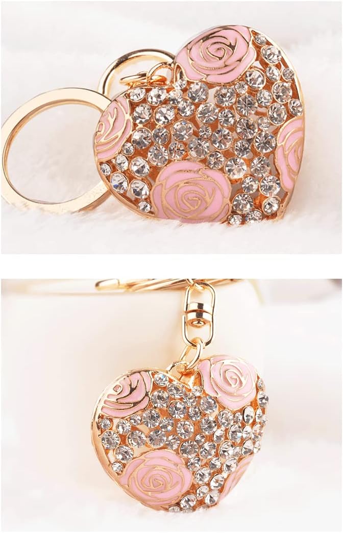 Flowers Ball Keychain and Sweet Love Heart Rose Flower Crystal Keyring, 2 Pieces keychains for women