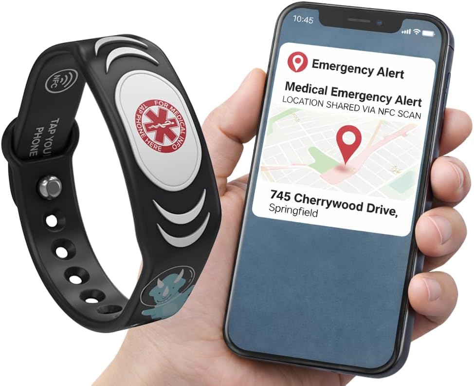 SafeTag Vivélle DinoBand Kids Medical ID Wristband – Emergency Info Bracelet with Instant Parent Notifications, Adjustable Silicone (Midnight Rex)