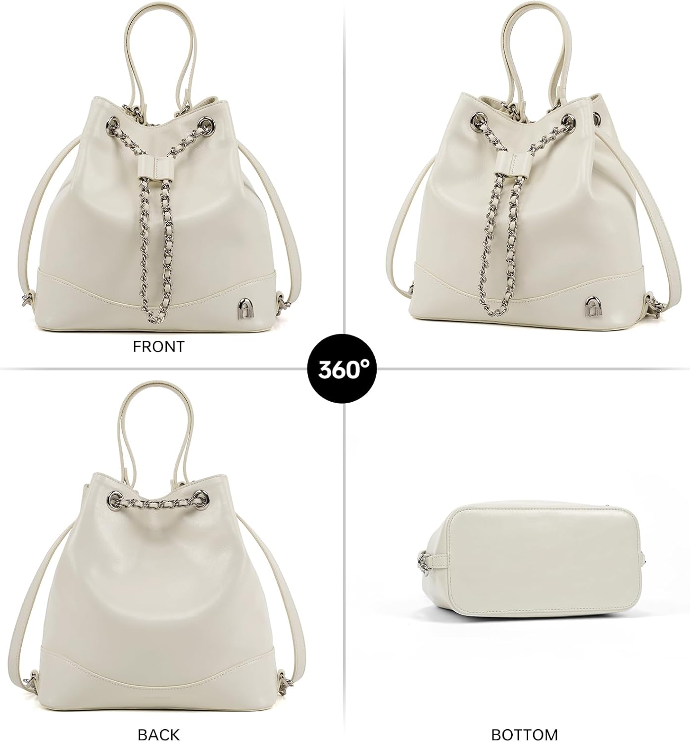 LA FESTIN Leather Purses for Women Cute Backpack Lightweight Shoulder Small Trendy Bucket Handbags with Strap Silver Chain (White) - Image 6