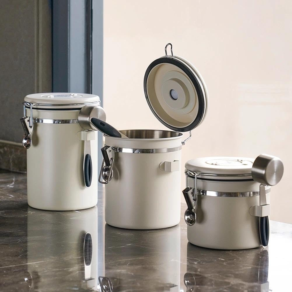 watchget Airtight Coffee Canister Coffee Bean Storage One Way Releasing Valve Container with Date Tracker and Scoop 1.8 Liter Stainless Steel Food Storage Container Canister, Creamy White