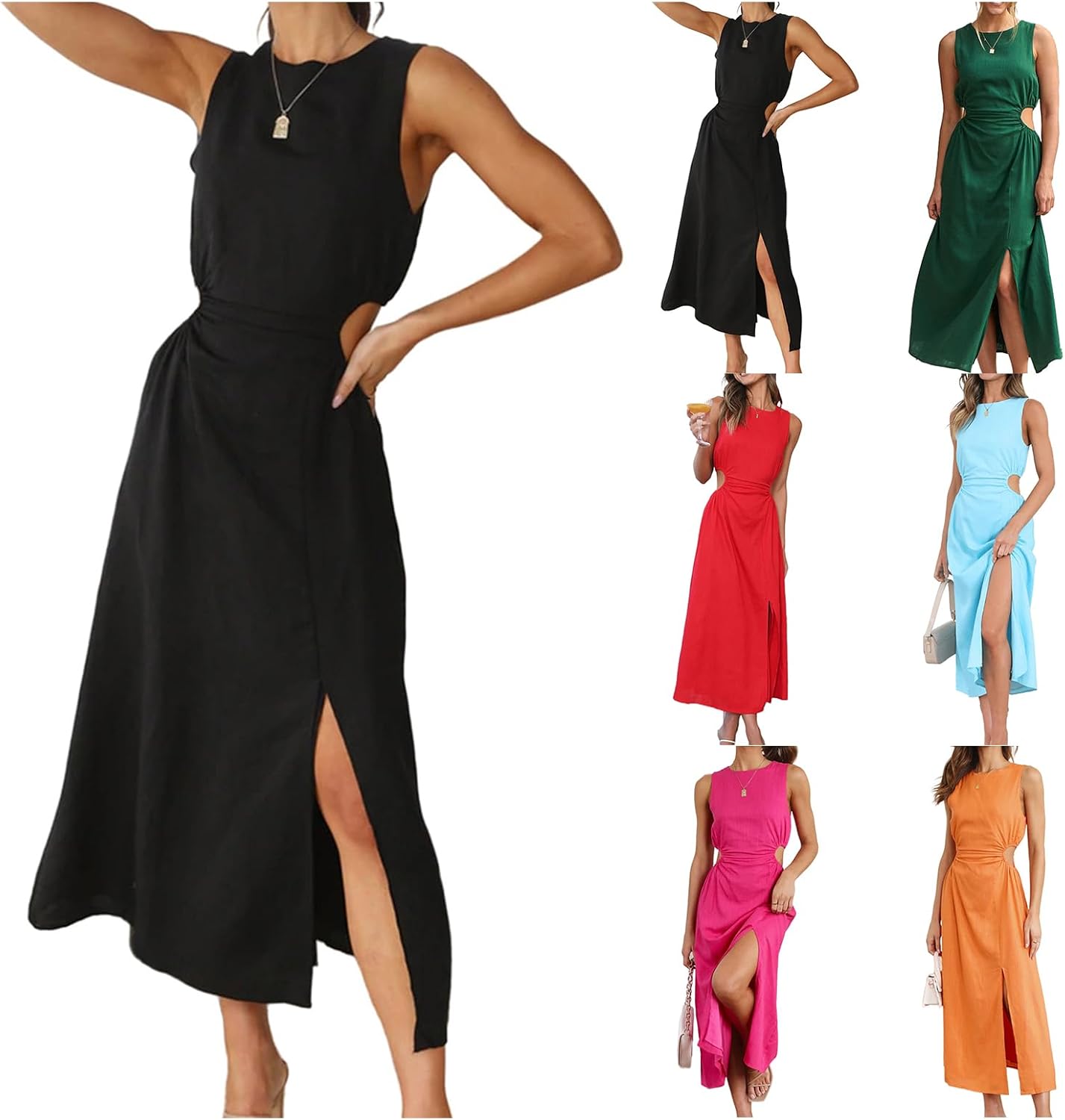 Linen Dresses for Women Cutout Waist Slit Maxi Dress Summer Crew Neck Sleeveless Dress Fashion Vacation Sundress
