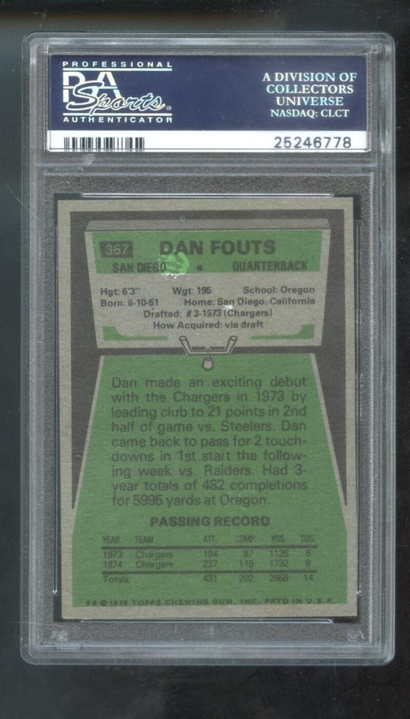 1975 Topps #367 Dan Fouts ROOKIE RC Chargers NFL PSA 6 Graded Football Card