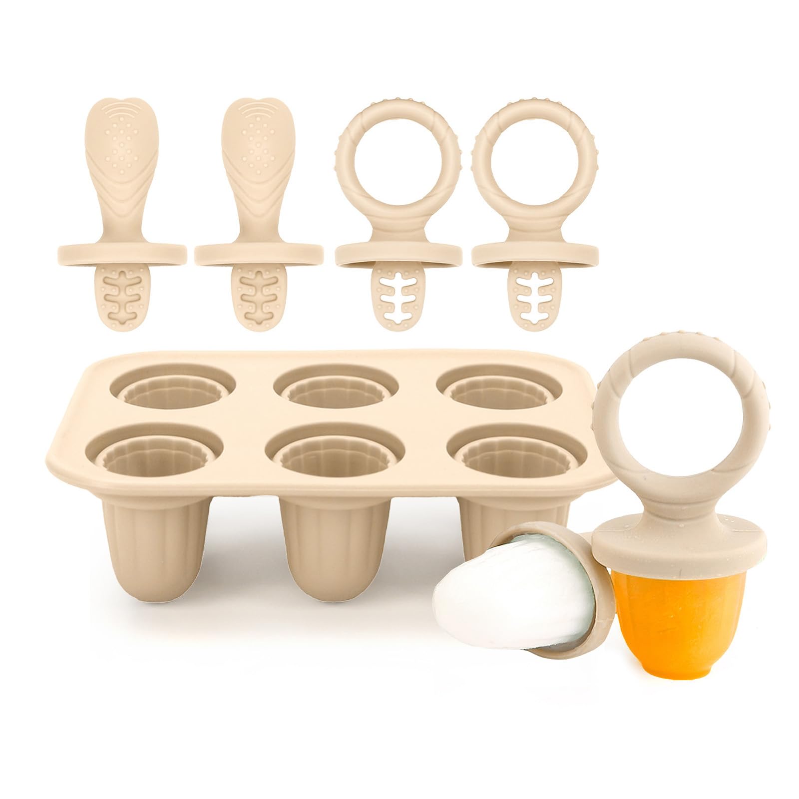 Silicone Ice Lolly Mould,Mini Ice Lollies Moulds with Teething Sticks for Kids Little Hands 6X 17ml Baby Ice Lolly Moulds BPA Free Freezer & Dishwasher Safe for Kids Toddlers (Beige)