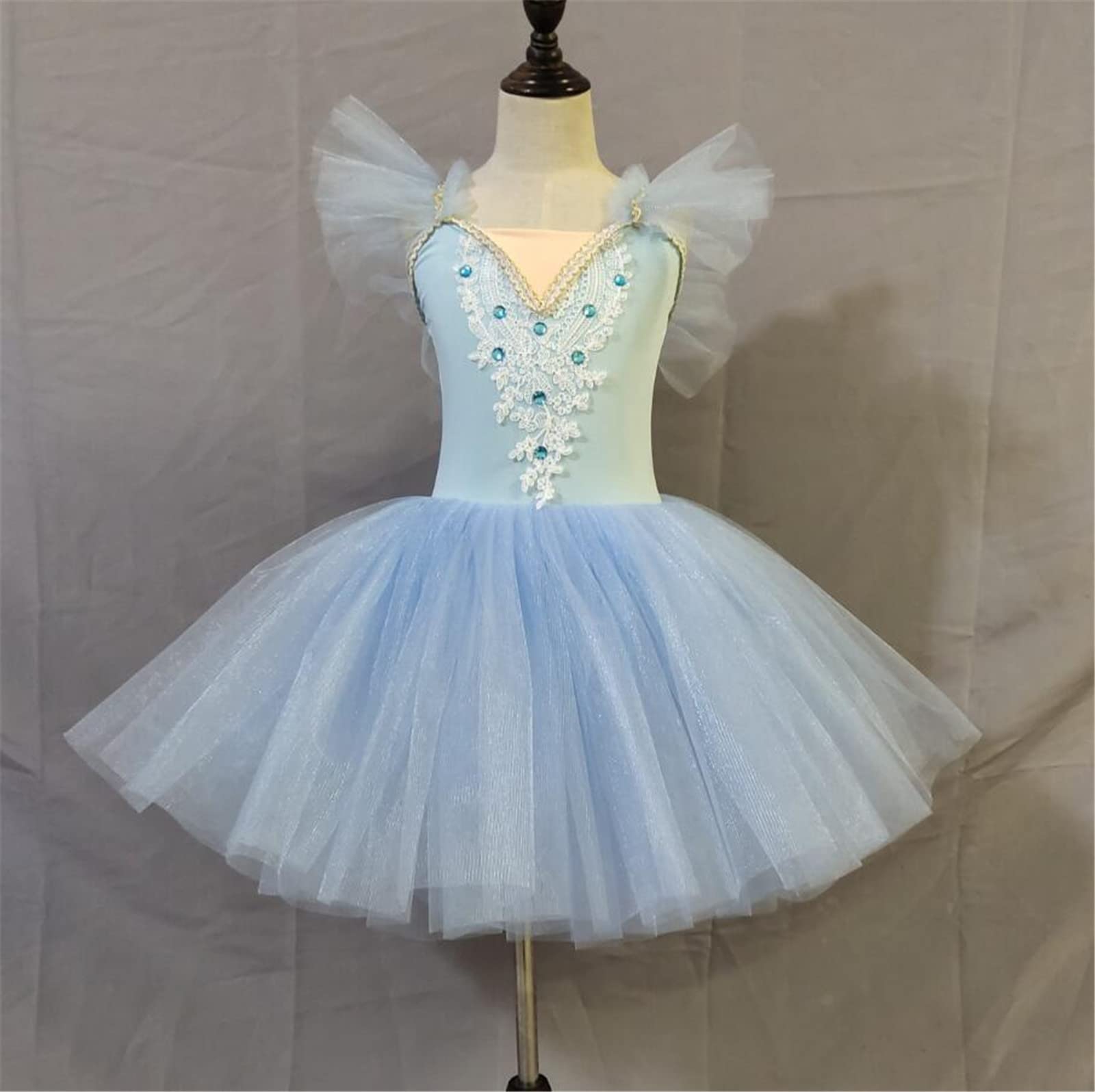 OTMYIGO Disfraz de Bailarina de Princesa para niñas, Vestido de Ballet tutú de Leotardo Largo sin Mangas para niñas, Disfraz de competición de Patinaje artístico para niñas,Light Blue,M