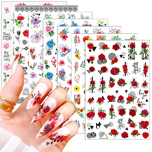 7 Sheets Flower Nail Art Stickers Decal Summer Nail Decorations Rose Flowers Nail Design Sticker Nail Art Accessories Designer Nail Stickers for Women Manicure Decals for Acrylic Nails Art Supplies