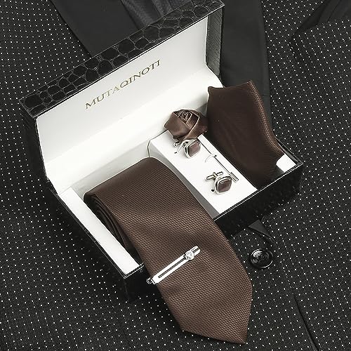 Image of MUTAQINOTI Mens Woven Premium Silk Necktie Suit Accessories Set With Pocket Square Cufflinks Brooch Tie Pin (TECP2)