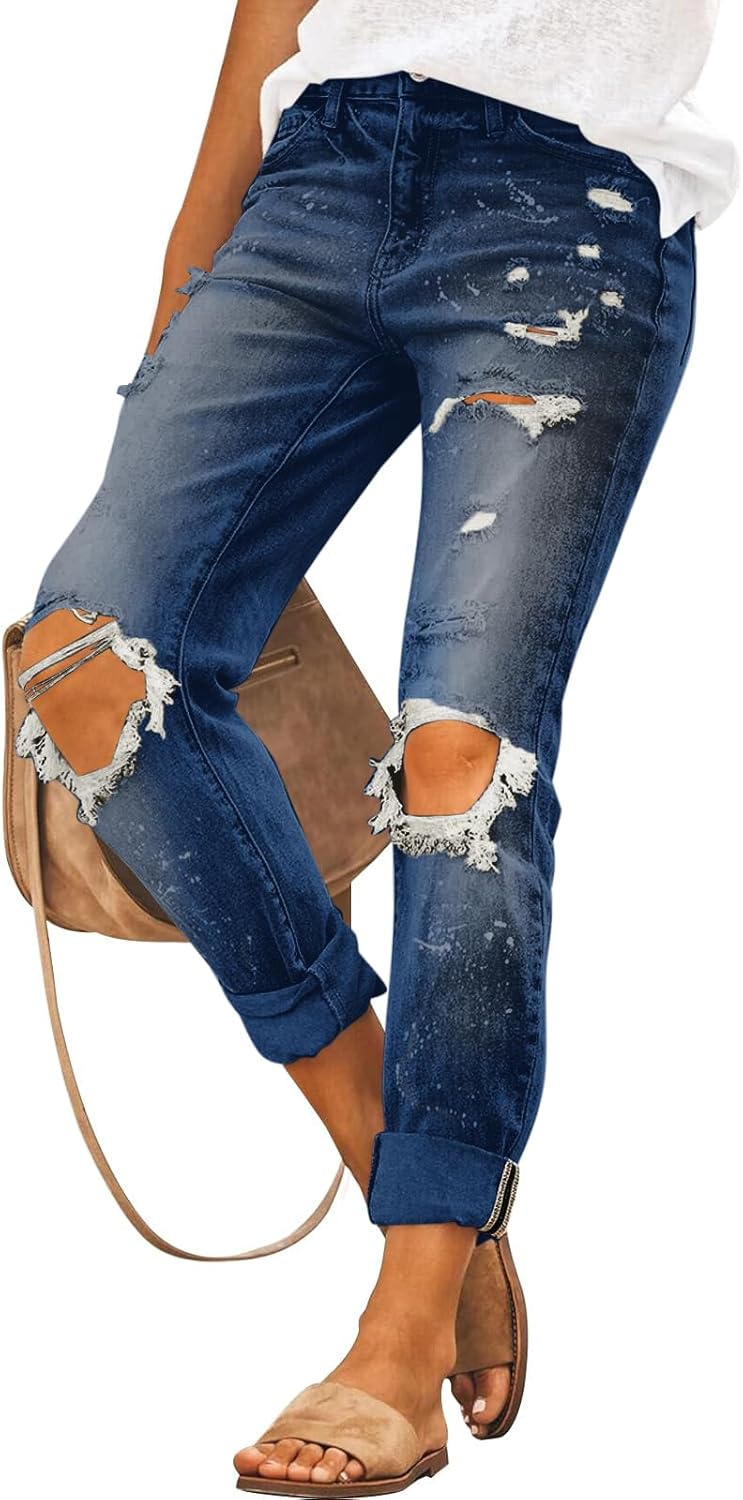 PerZeal Women's Jeans Comfy Stretchy Ripped Skinny Mid Waist Destroyed Denim Pants (Pack of 2) Grey&Dark Blue Large - Image 6