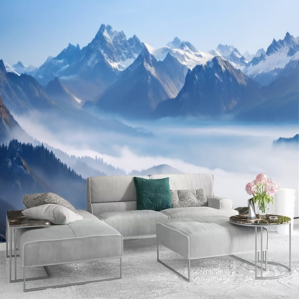 Papier peint panoramique paysage d'hiver : poster trompe l'œil mural 3D salon
