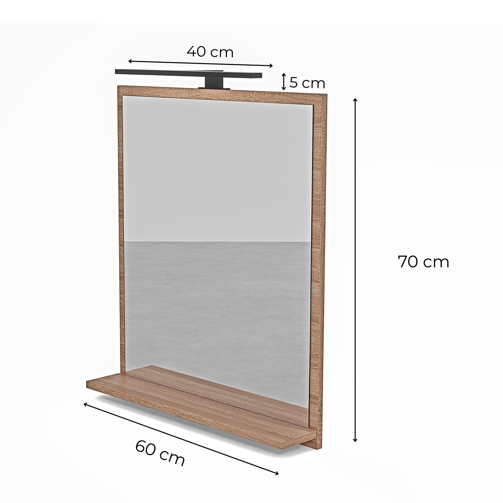Miroir de Salle de Bain LED Sonoma avec Étagère – 60x70 cm – Éclairage 4000K IP44 – Miroir Rectangulaire Mural Moderne avec Boîtier LED Noir – Miroir avec Rangement pour Salle de Bain
