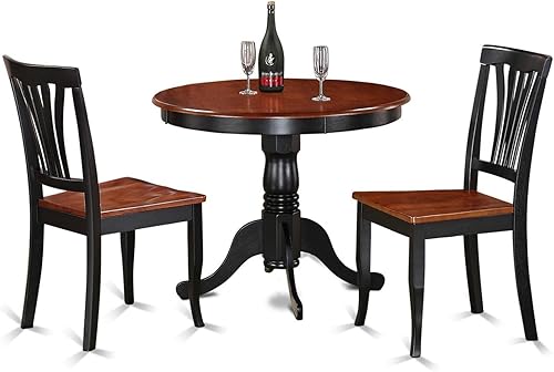 East West Furniture ANAV3-BLK-W - Juego de cocina de 3 piezas para espacios pequeños que contiene una mesa redonda con pedestal y 2 sillas de