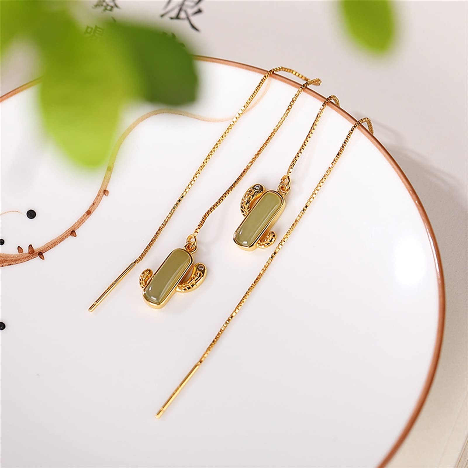 Pendientes de plata S925 con incrustaciones de oro y jade hetiano, pendientes con forma de cactus para mujer, joyería para novia