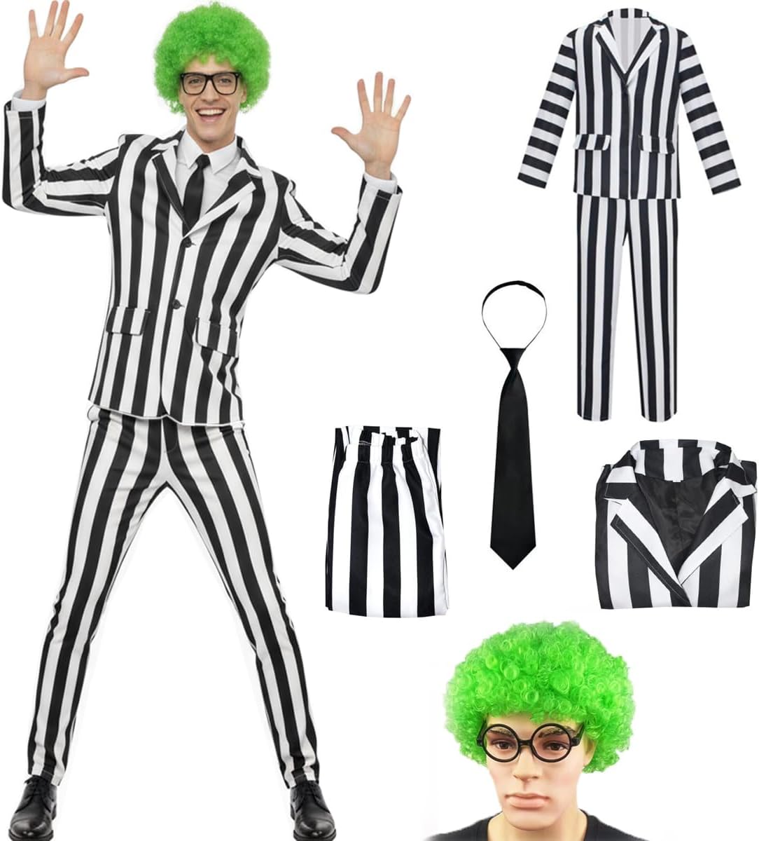 Adult Costume Black and White Striped Suit Include Open Front Blazer Pant Tie and Curly Green Wig for Halloween Cosplay Party