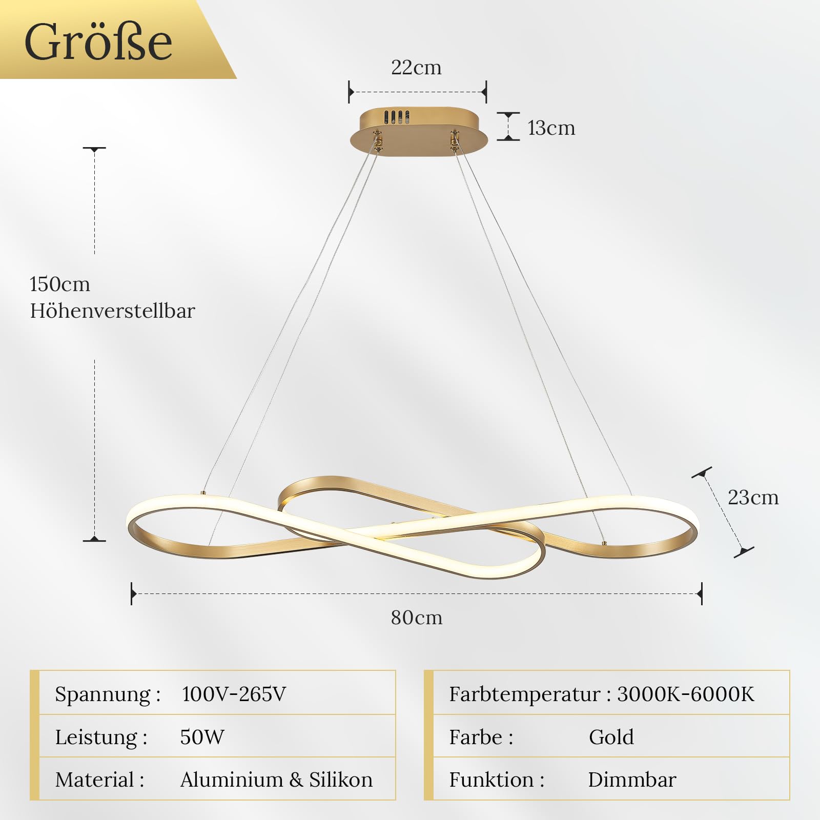 CATINER Moderner LED Hängeleuchte Gold Esszimmer Pendelleuchten 80cm Dimmbar LED Kronleuchter mit Fernbedienung Kücheninsel Linear Hängelampe für Wohnzimmer Hohe Decken 50W