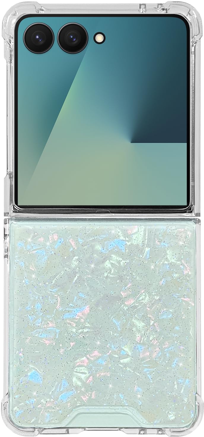 Abbery Handyhülle für Samsung Galaxy Z Flip 7 Hülle Glitzer Durchsichtig mit Muschel Muster Design Weiß Holografisch Motiv Süß Kawaii Schutz Frauen Mädchen Stoßfest Anti-Kratzer