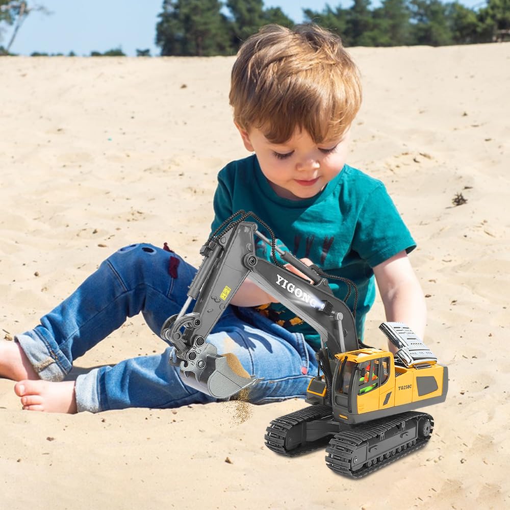 Excavadora de Control Remoto, 2,4 GHz Juguete Excavadora Teledirigido, Excavadoras Teledirigida para Niños, Rotación de 680°, 11 Canales, Sonido y Luz, para Niños y Niñas Mayores de 3 Años
