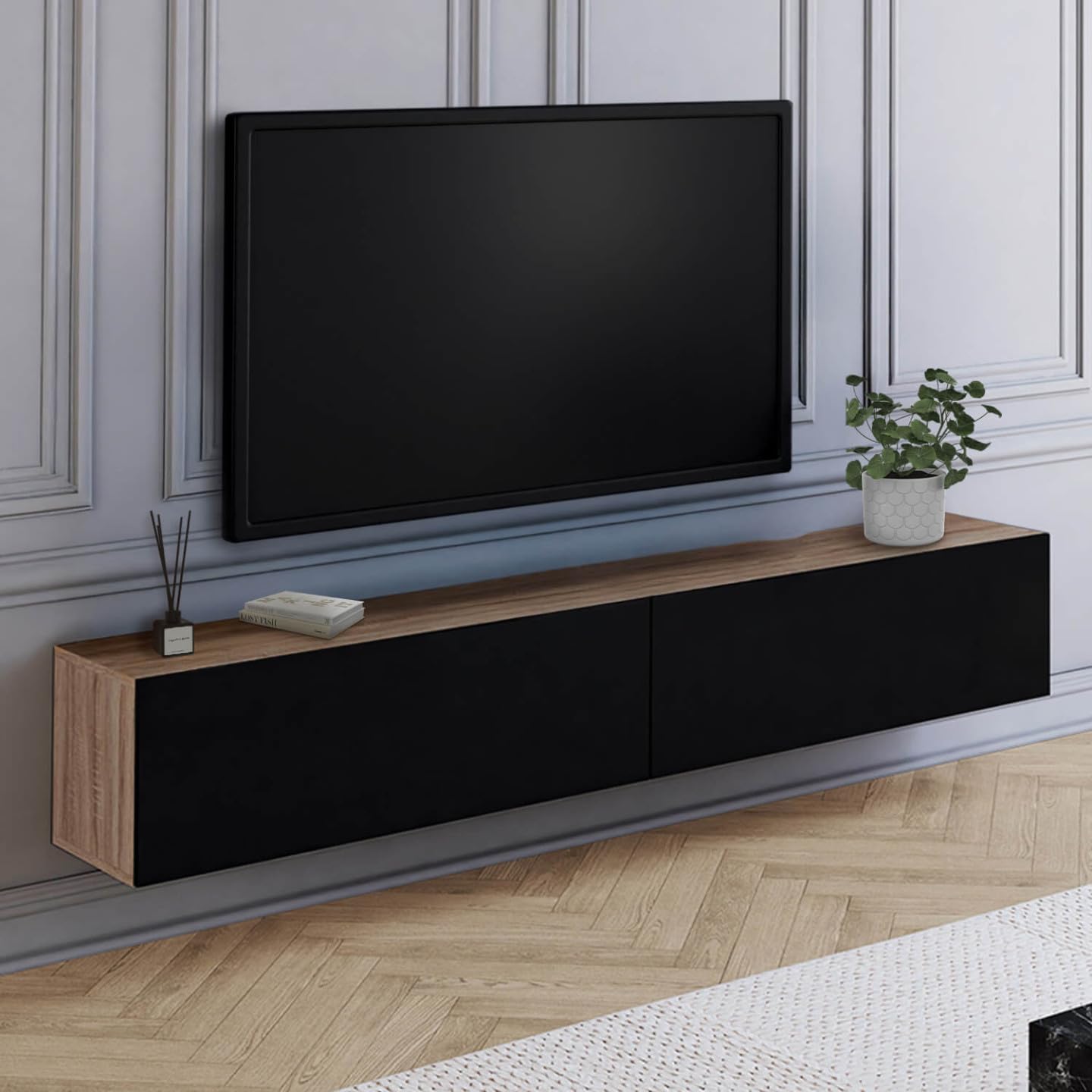 IDMarket - Meuble TV 180 cm Suspendu Elio 2 Portes Bois et Noir