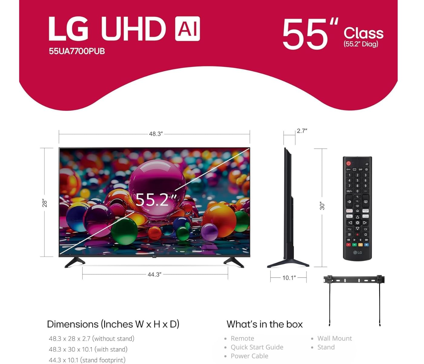 LG 55" (2025 Model) UHD AI UA75 Smart TV HDR10 Bluetooth a7 AI Processor 4K Gen8 Filmmaker Mode webOS 25 + Wall Mount Compatible with Alexa(Renewed)