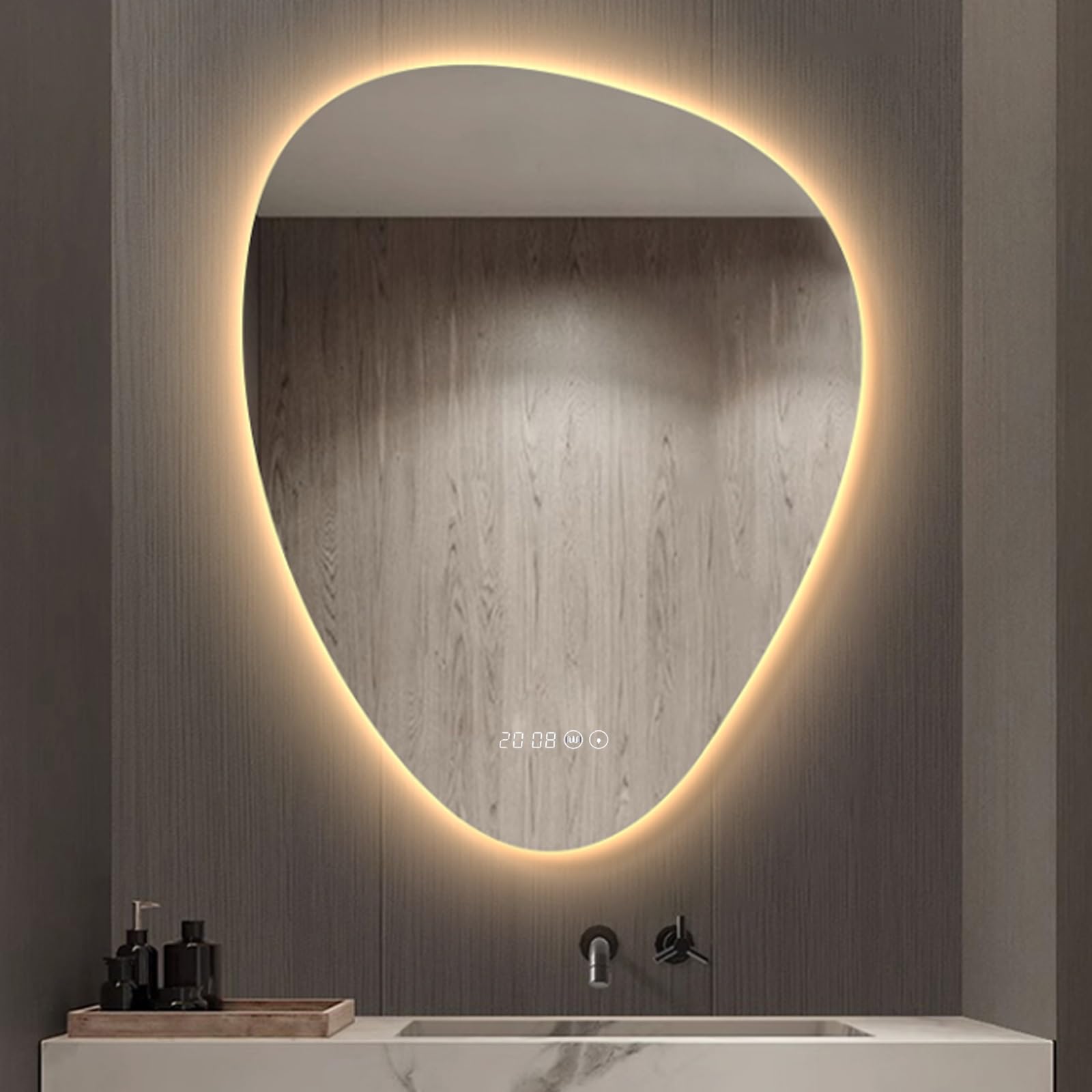 WJFTODAY Modern LED Irregular Drop-Shaped Wall Mirror - Backlit Dimmable Makeup Mirror with Anti-Fog, Frameless Design, Displays Time & Temperature, Shatterproof for Bathroom Vanity.