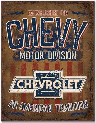 Desperate Enterprises Chevy Motor Division - Letrero de lata de tradición americana, 12.5 pulgadas de ancho x 16 pulgadas de alto