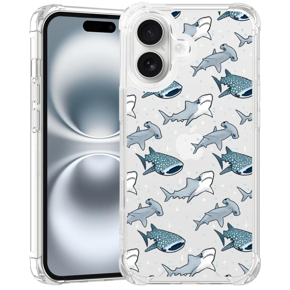 FANXI Shark Phone Case Compatible with iPhone 16 (6.1 Inch) - Shockproof Clear Soft TPU Protective Cover with Shark Design for Men, Women, and Girls