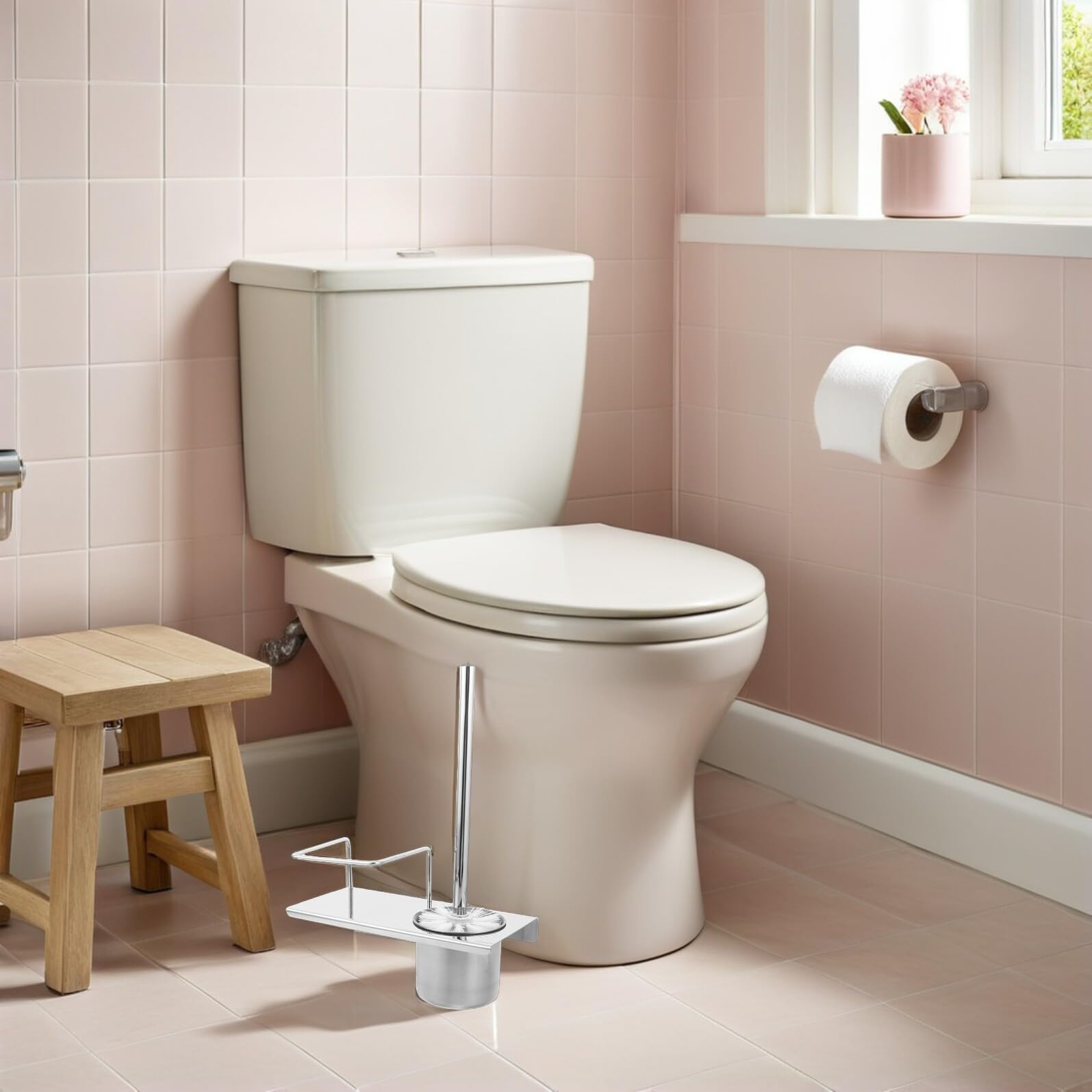 FOMIYES Set de Cepillos y Soporte para Inodoro, Acero Inoxidable, Montaje en Pared, con Estante Integrado para Baño