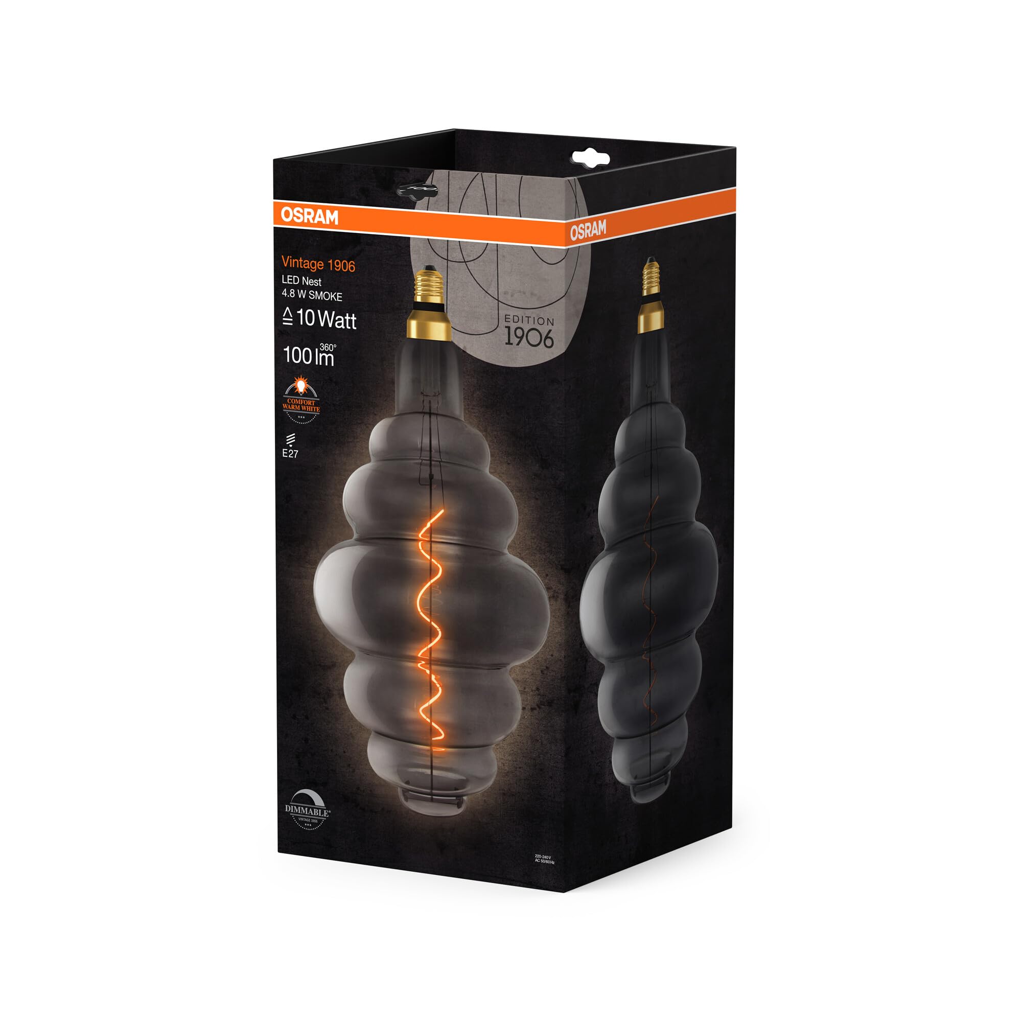 Osram Lamps 1906 LED-Lampe mit Smoke-Tönung, 4,8W, 100lm, Bienenstock-Form mit 200mm Durchmesser&E27-Sockel, warmweiße Lichtfarbe, dimmbares Filament, bis zu 15 Stunden Lebensdauer, 4058075761056