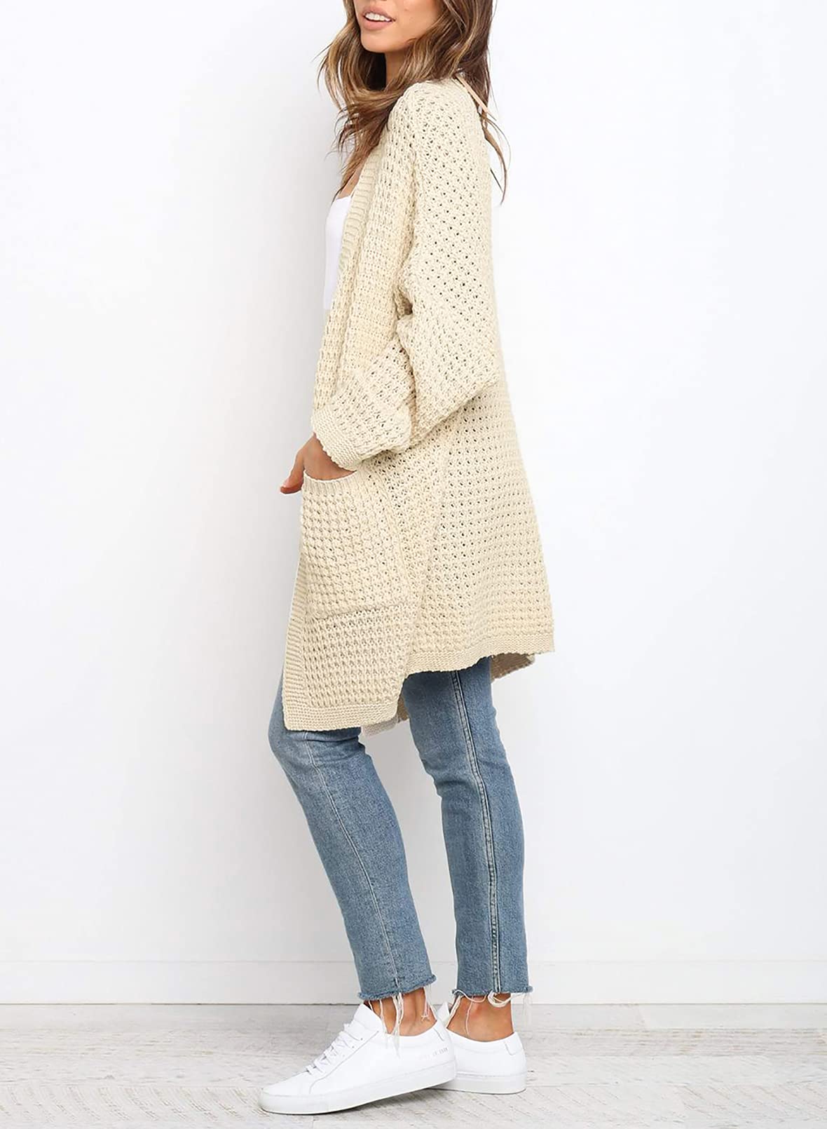 Uusollecy Cardigan Mujer Larga Chaqueta Punto Grueso Monocolor para Otoño e Invierno Abrigo Informal con Bolsillo