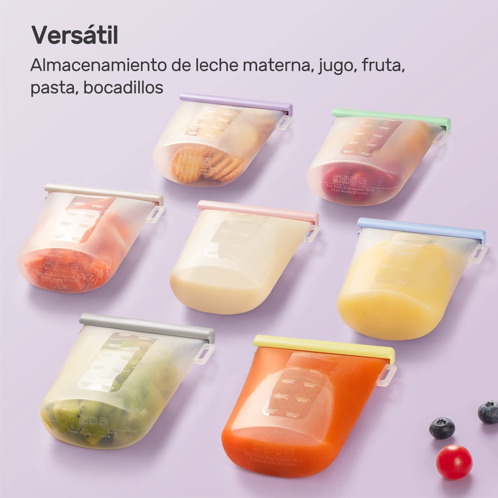 Nuliie 7 Uds Silicona Bolsas Leche Materna Reutilizable, 12oz/360ml Bolsas Leche Materna Congelar Doblemente a Prueba de Fugas, Sin BPA Autoportantes Bolsas Almacenamiento Leche Materna
